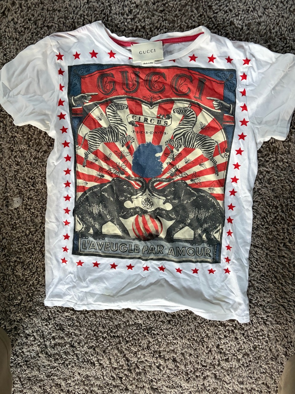Gucci Kids White Tee with Red Star & Circus Graphic